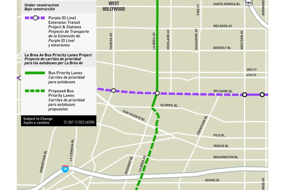 A map of the planned and proposed route of the La Brea Ave Bus Priority Lanes Project in Los Angeles, runn9ing from Sunset Boulevard to the north and the E Line to the south.